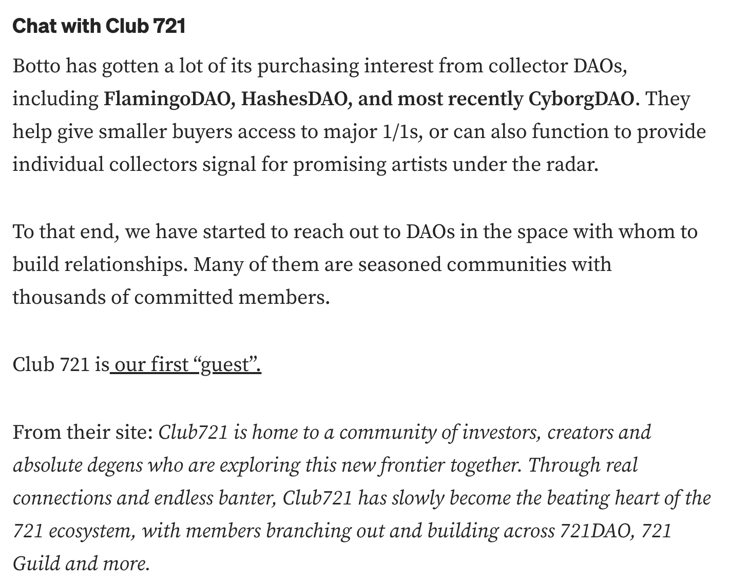 Botto post: Chat with Club 721, on building relationships with collector DAOs